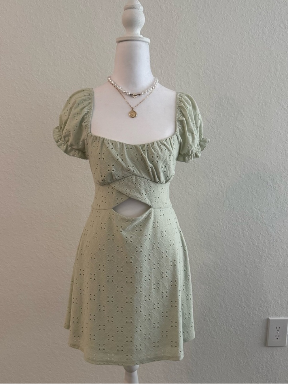 Just Polly Light Green Sage Cut Out Eyelet Dress